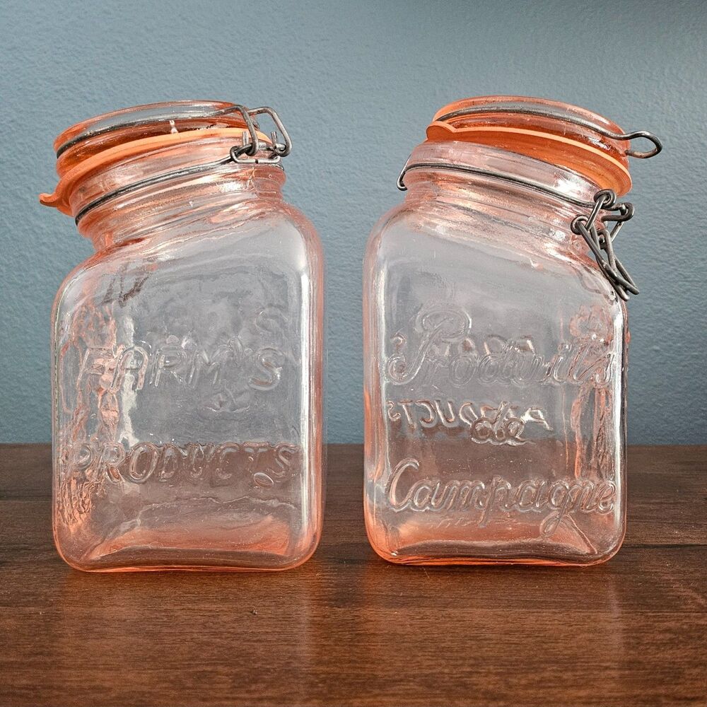 2 Vintage Pink Glass FARM'S PRODUCTS Slant Top Canisters Mason Jars Italy READ - Picture 1 of 6